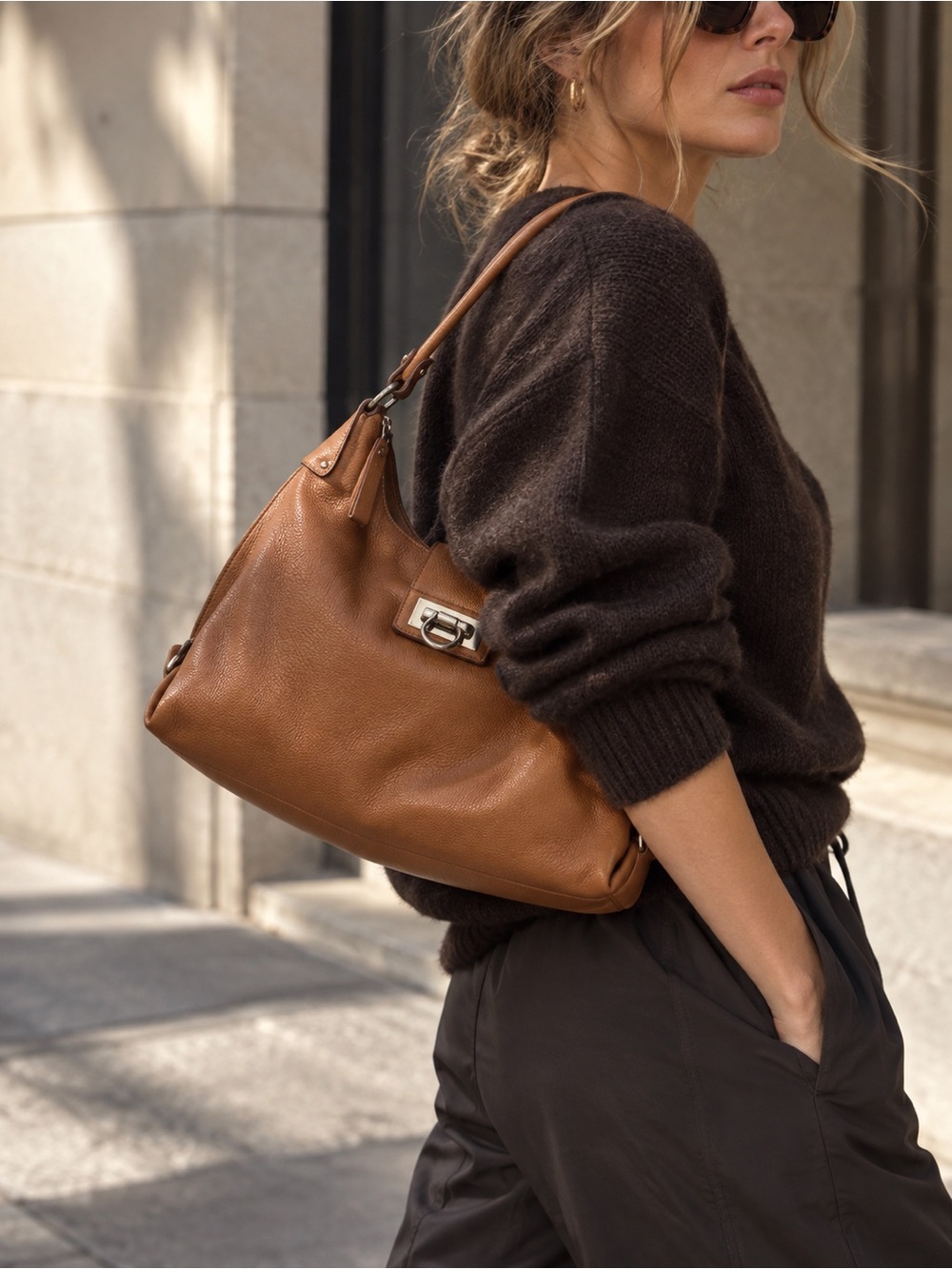 Authentic Salvatore Ferragamo Fanisa Cognac Pebbled Leather Hobo Bag